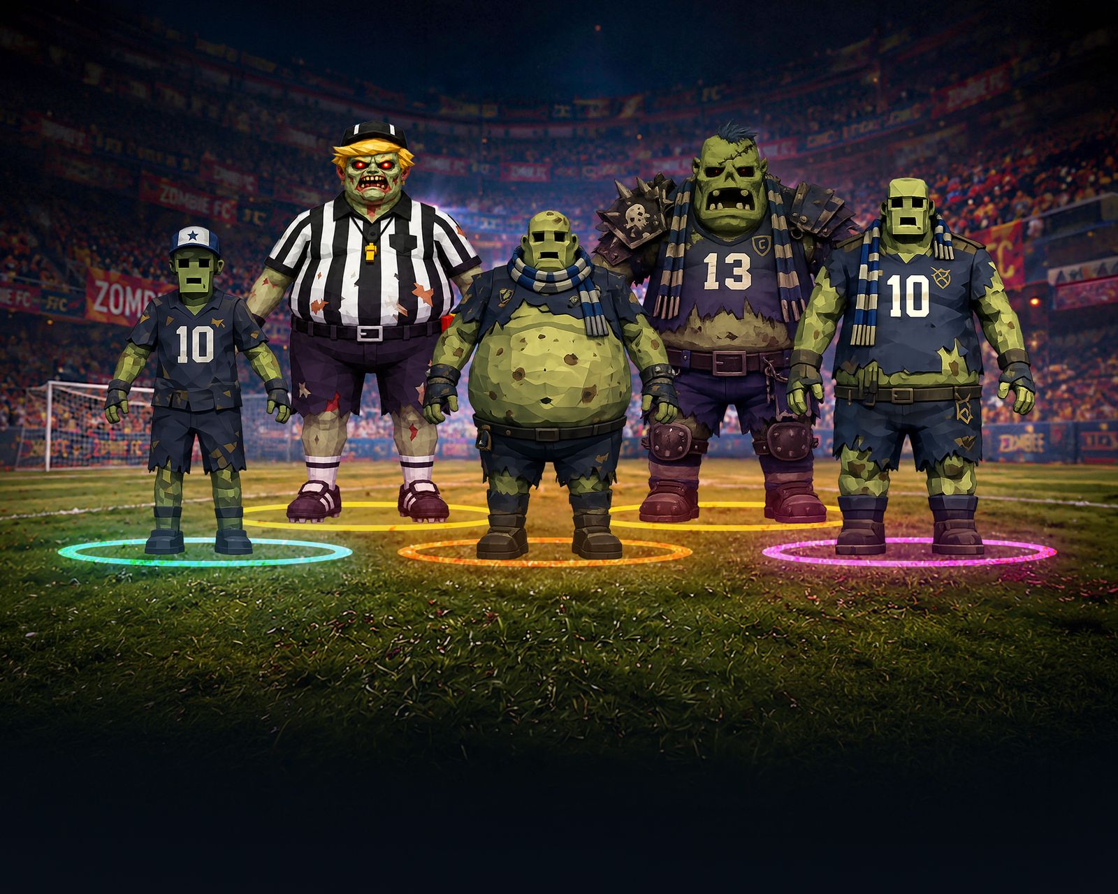 The undead horde lined up on the pitch — Walker, Undead Referee, Bloater, Tank Zombie and Captain